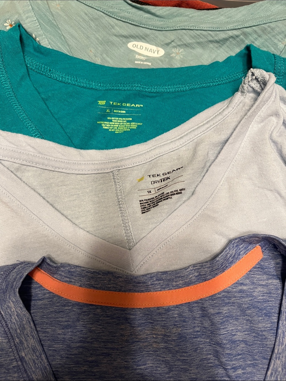 tek gear Short Sleeve Tee Pack in Teal, Light Blue, Heather Blue and Coral Trim